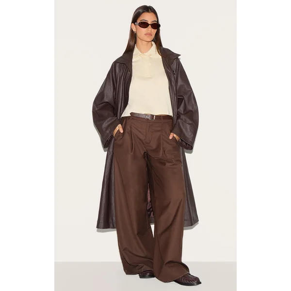 Brown Funnel Neck Faux Leather Trench Coat