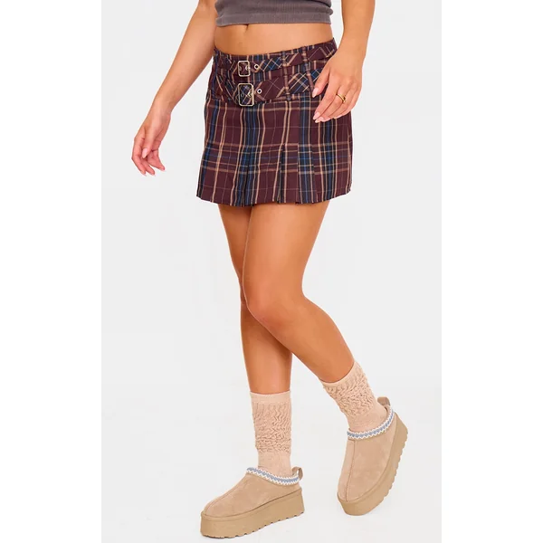 Brown Gingham Double Buckle Pleated Mini Skirt
