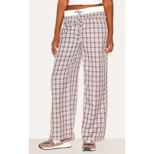 Brown Gingham Print Button Front Straight Leg Pants