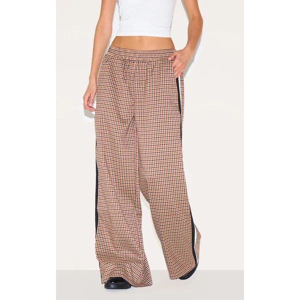 Brown Gingham Side Stripe Elasticated Waistband Straight Leg Pants