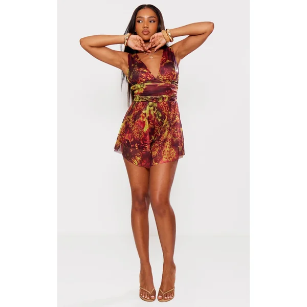 Brown Grunge Print Lined Mesh Plunge Floaty Romper