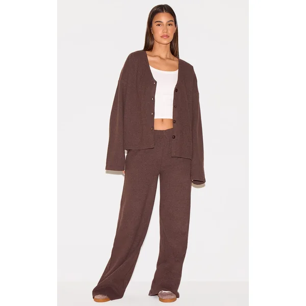 Brown Heavy Brushed Rib Slouchy Wide Leg Pants