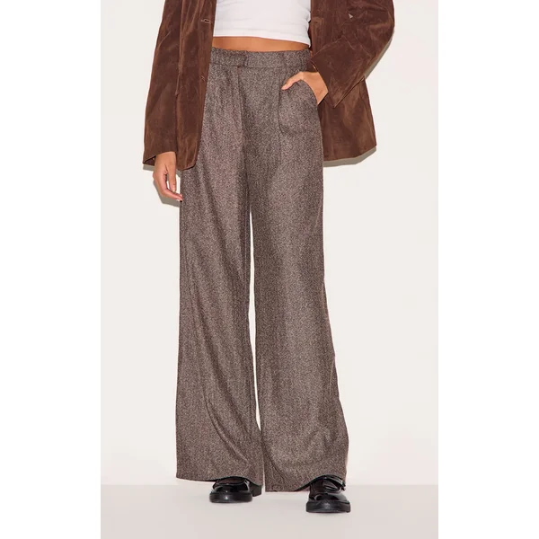Brown Herringbone Mid Rise Tailored Pants