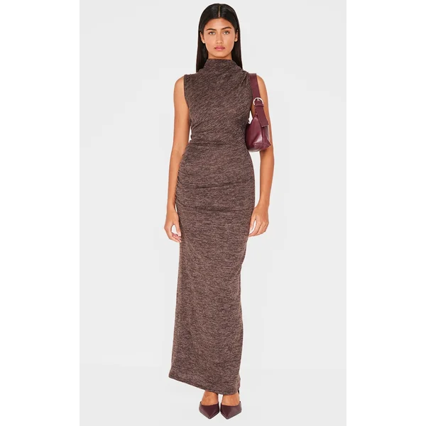 Brown High Neck Ruched Detail Maxi Dress
