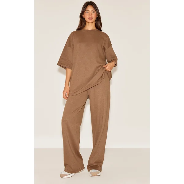 Brown Jersey Mid Rise Wide Leg Pant
