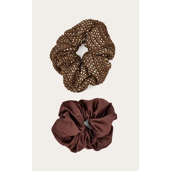 Brown Knitted & Satin Oversized Scrunchie 2 Pack