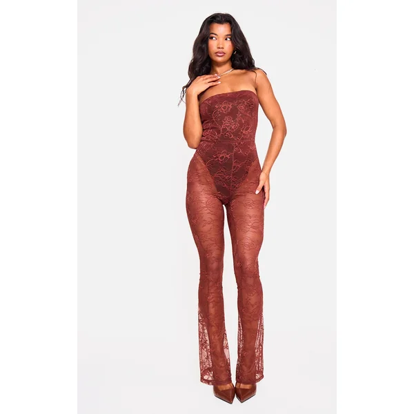 Brown Lace Bodysuit Detail Bandeau Jumpsuit
