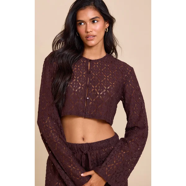 Brown Lace Button Detail Crop Top