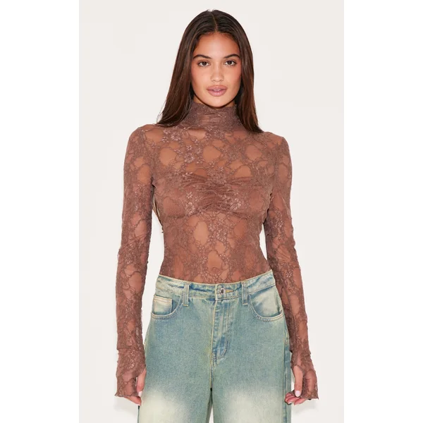 Brown Lace High Neck Long Sleeve Bodysuit
