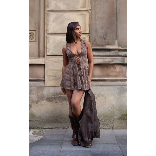 Brown Lace Up Check Shift Dress