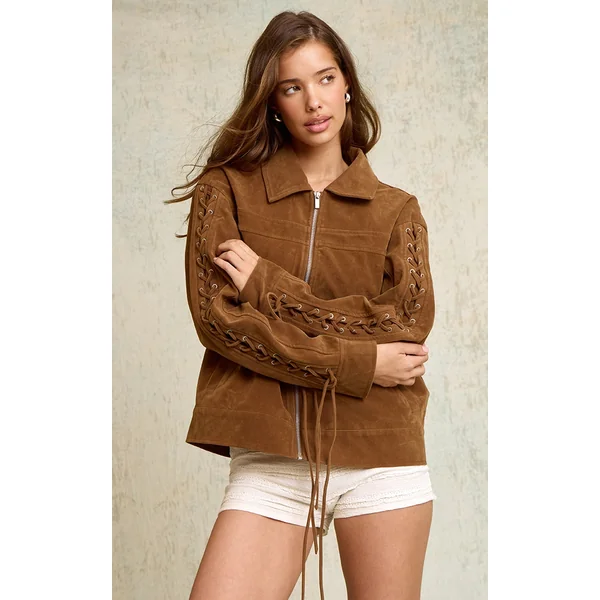 Brown Lace Up Faux Suede Boxy Jacket