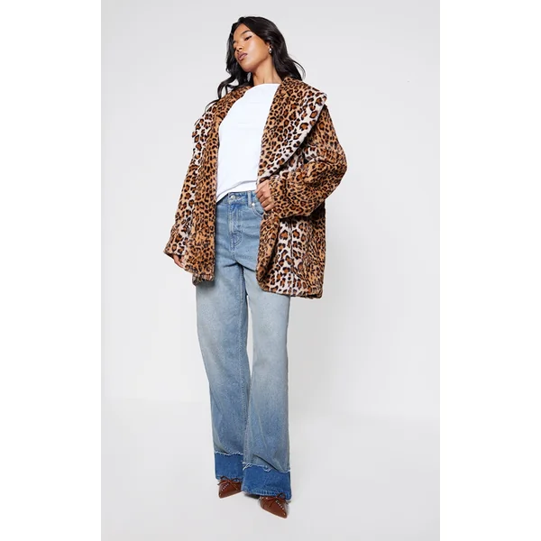 Brown Leopard Faux Fur Midi Coat