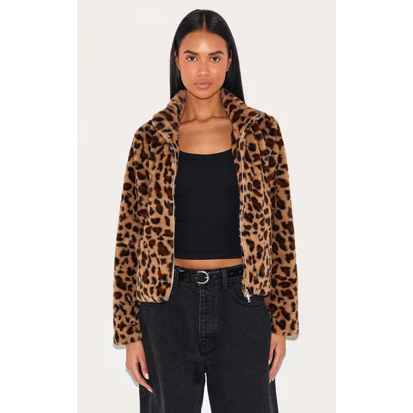 Brown Leopard Fleece Zip Up Jacket