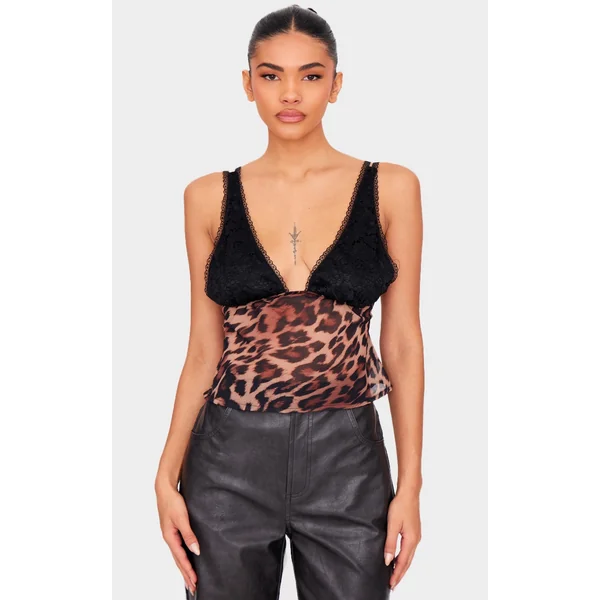 Brown Leopard Print Chiffon Lace Long Top