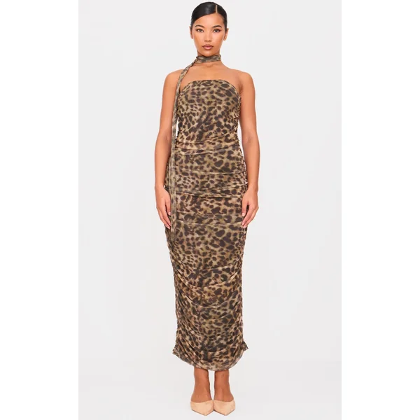 Brown Leopard Print Mesh Bandeau Scarf Maxi Dress
