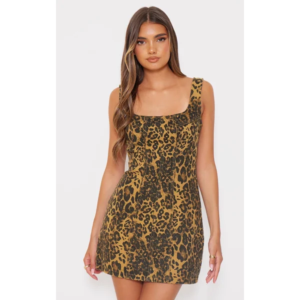 Brown Leopard Print Seam Detail Mini Dress