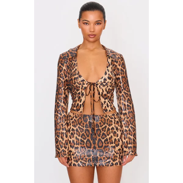 Brown Leopard Print Sequin Tie Front Detail Long Sleeve Shirt