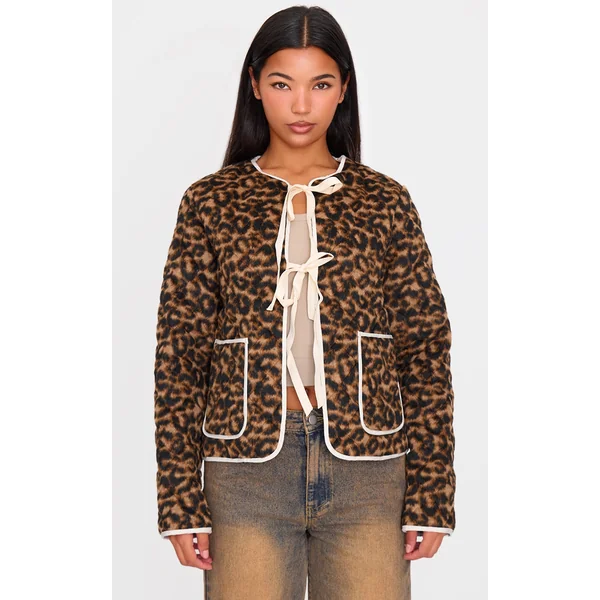 Brown Leopard Quilted Contrast Binding Jacket