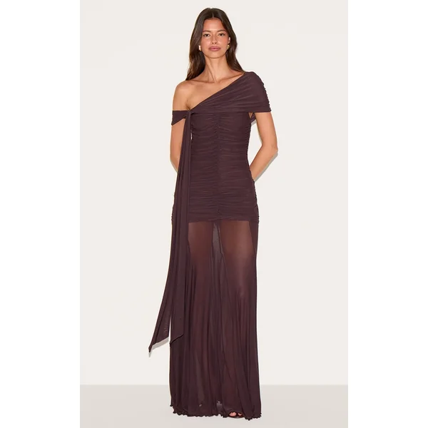 Brown Lined Mesh Bardot Maxi Dress