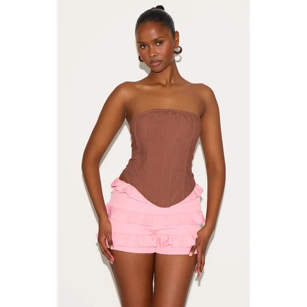 Brown Linen Blend Boned Corset