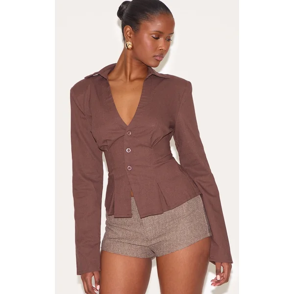 Brown Linen Blend Plunge Shoulder Padded Fitted Shirt