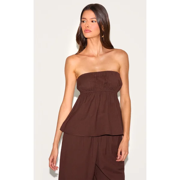 Brown Linen Look Peplum Bandeau Top
