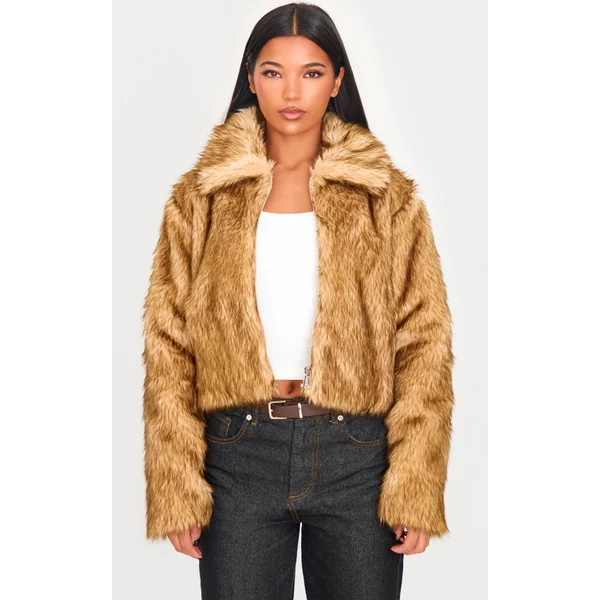 Brown Natural Faux Fur Collar Detail Zip Up Jacket