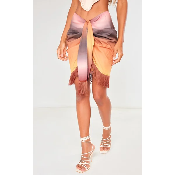 Brown Ombre Print Woven Tassel Wrap Skirt