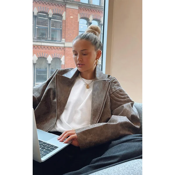 Brown Oversized Faux Leather Distressed Look Biker Jacket