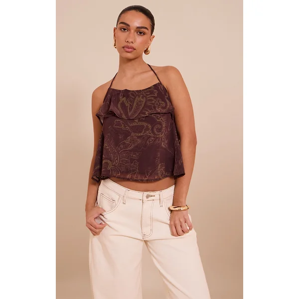 Brown Paisley Print Chiffon Halter Cami Top