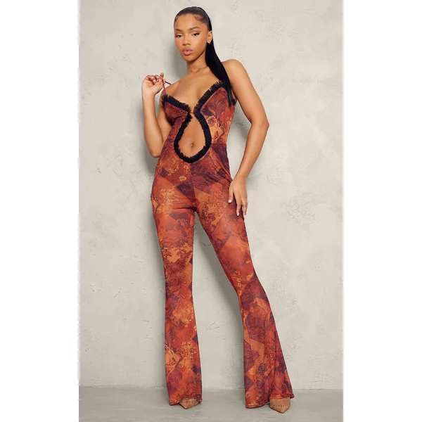 Brown Paisley Print Mesh Cut Out Frill Detail Jumpsuit