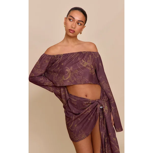 Brown Paisley Print Woven Off Shoulder Cropped Top