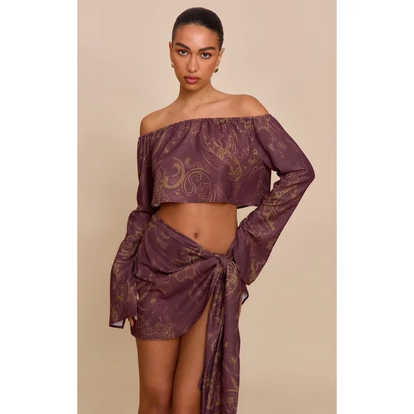 Brown Paisley Print Woven Tie Side Mini Skirt