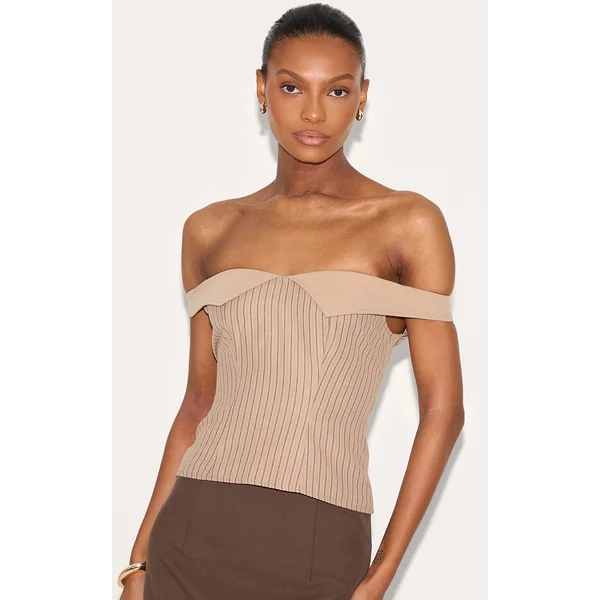 Brown Peach Skin Striped Bardot Long Top