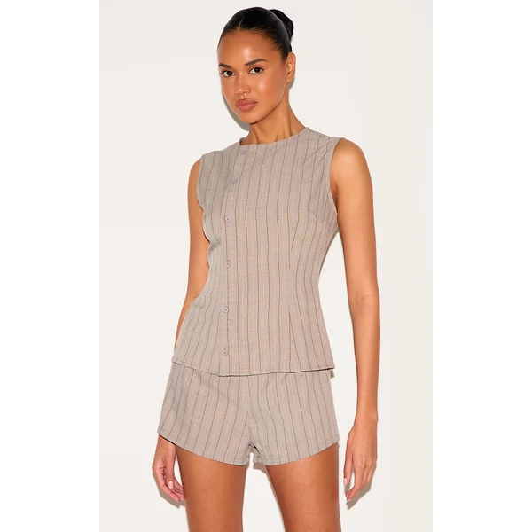 Brown Pinstripe Linen Asymmetric Button Down Romper