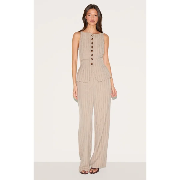 Brown Pinstripe Linen Button Down Peplum Hem Jumpsuit