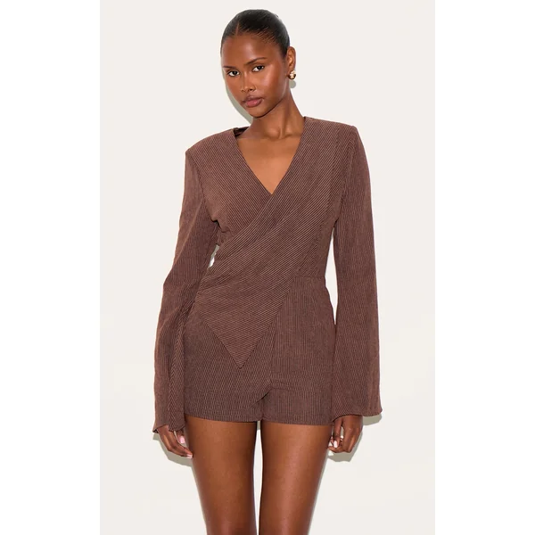 Brown Pinstripe Peachskin Wrap Front Long Sleeve Romper