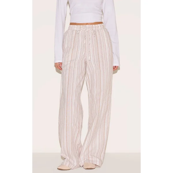 Brown Pinstripe Printed Drawstring Waist Slouchy Pants