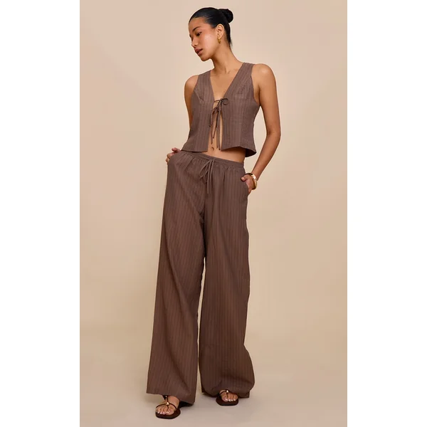 Brown Pinstriped Drawstring Wide Leg Pants