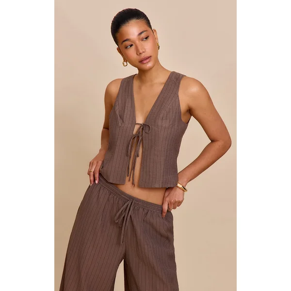 Brown Pinstriped Tie Front Top