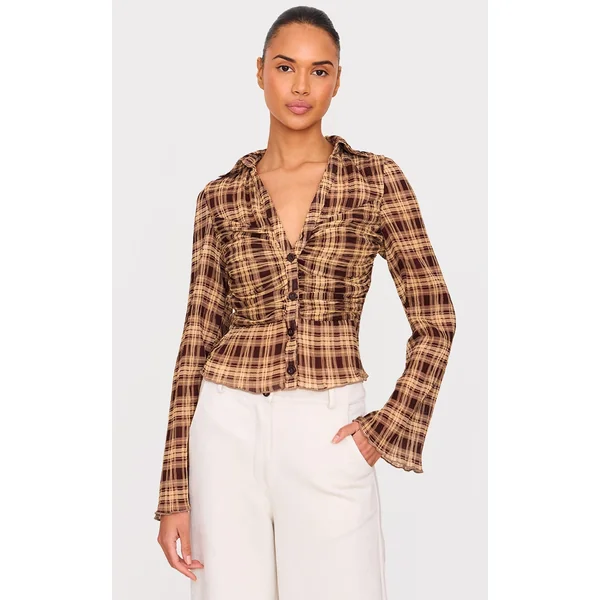 Brown Plisse Chiffon Check Blouse