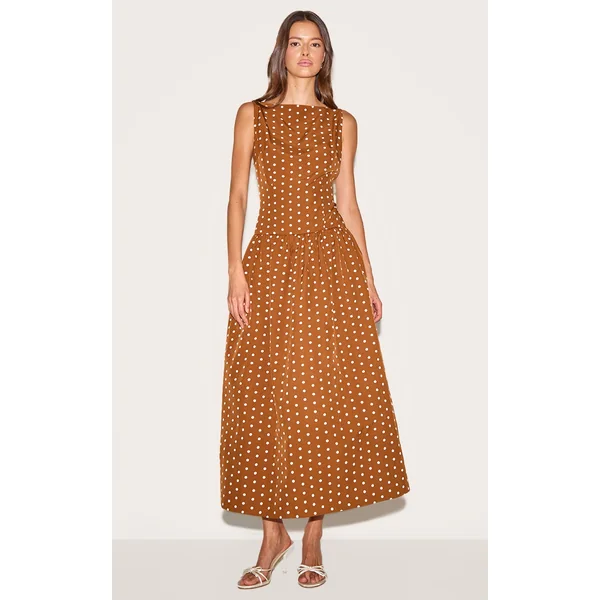 Brown Polka Dot Dropped Waist Midaxi Dress