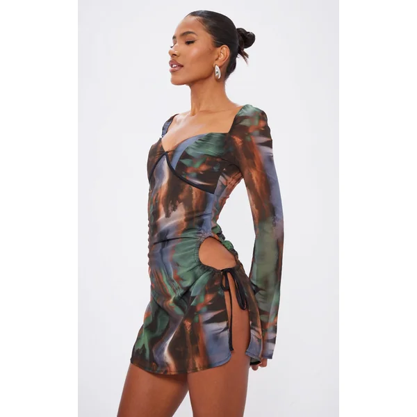 Brown Printed Chiffon Cut Out Shift Dress