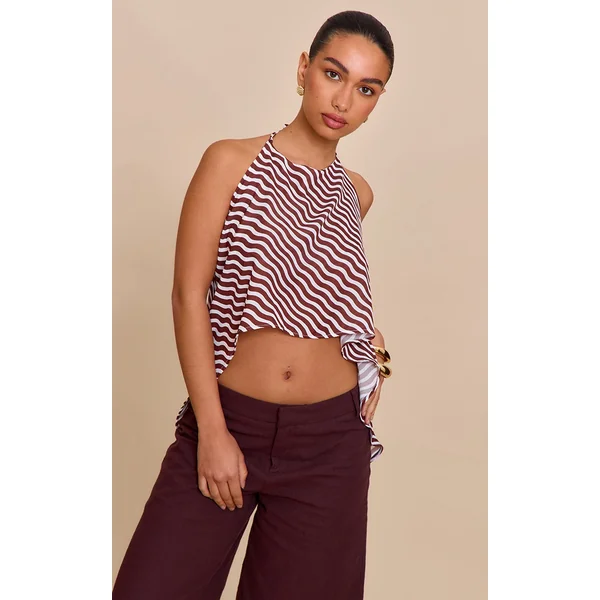 Brown Printed Chiffon Halter Neck Floaty Top