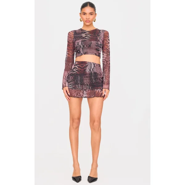 Brown Printed Mesh Frill Hem Mini Skirt