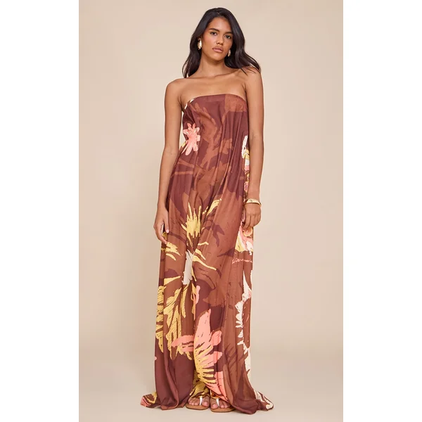Brown Printed Oversized Bandeau Shift Maxi Dress