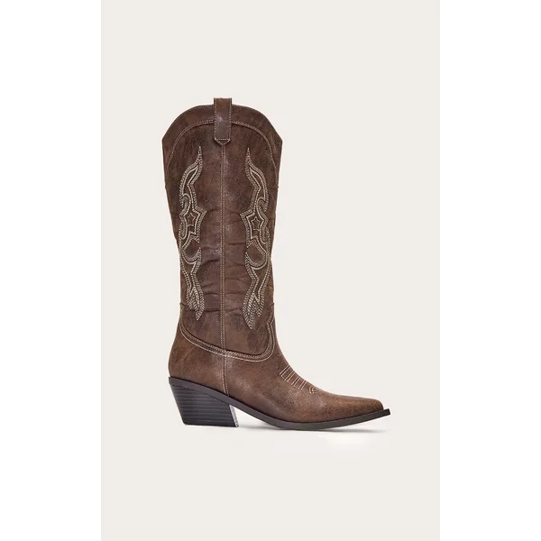 Brown Pu Point Toe Western Calf High Boots