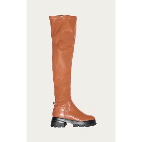 Brown PU Wide Fit Chunky Arched Sole Over The Knee Boots