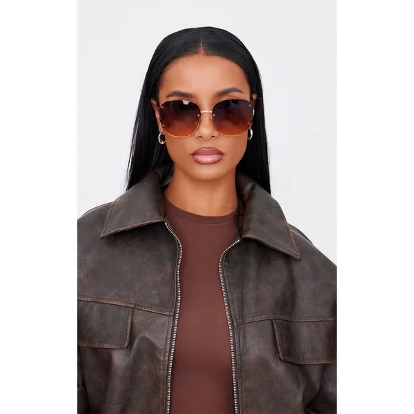 Brown Rimless Oversized Rounded Sunglasses