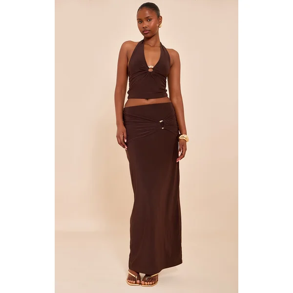 Brown Ruched Detail Flowy Maxi Skirt